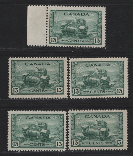 Lot 158 Canada #258 13c Dark Green Ram Tank, 1942-1943 KGVI War Issue, 5 FOG Singles, CBN-RRRR, CBN-QQQQ & CBN-PPPP Papers, Perfs 11.9x12, 12x11.9, 11.95x11.9 & 12x11.95