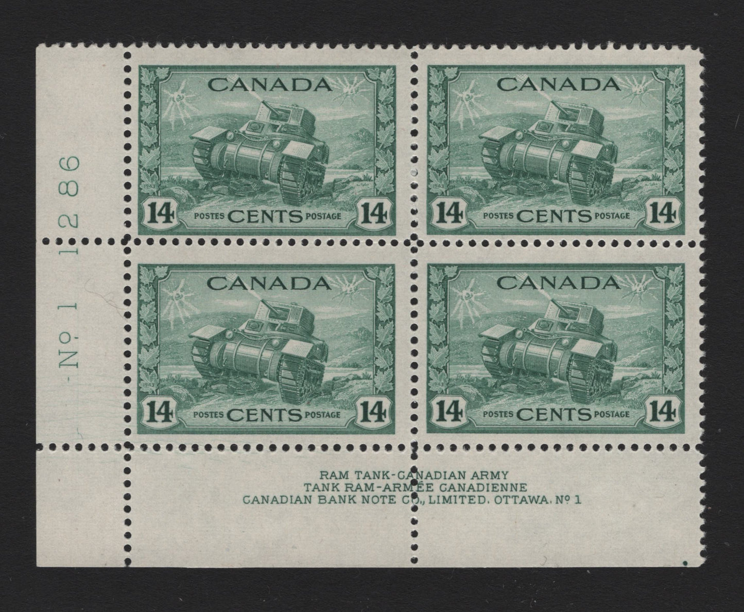 Lot 159 Canada (C) #259i 14c Myrtle Green Ram Tank, 1942-1943 KGVI War Issue, A FNH LL Plate 1 Block Of 4, CBN-RRRR Paper, Perf 12, Showing Strong Hairlines At LL Affecting POS. 46.