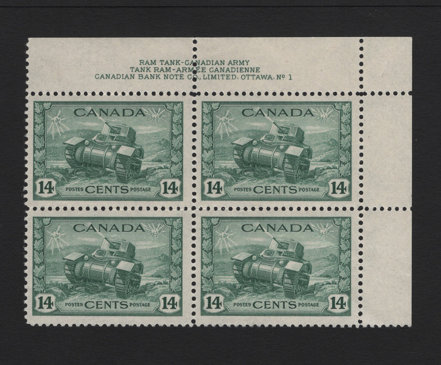 Lot 160 Canada (C) #259 14c Myrtle Green Ram Tank, 1942-1943 KGVI War Issue, A FNH UR Plate 1 Block Of 4, CBN-LLLL Paper, Perf 11.9, Light Diagonal Bend Affects The Two Right Stamps.