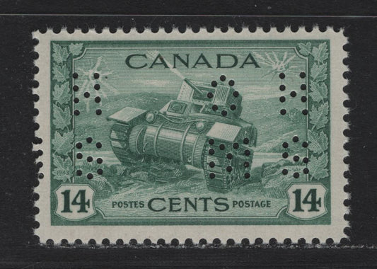 Lot 161 Canada (C) #O10-259 14c Dull Bluish Green Ram Tank, 1942-1943 KGVI War Issue, A FNH Single, CBN-TTTT Paper, 4-Hole OHMS Perfin In The Revised Die, POS. 1, Perf 12x11.9.
