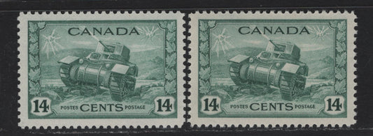 Lot 164 Canada (C) #259 14c Myrtle Green Ram Tank, 1942-1943 KGVI War Issue, 2 VFNH Singles, CBN-PPPP Paper, Perfs 11.95x12 & 11.95x11.9