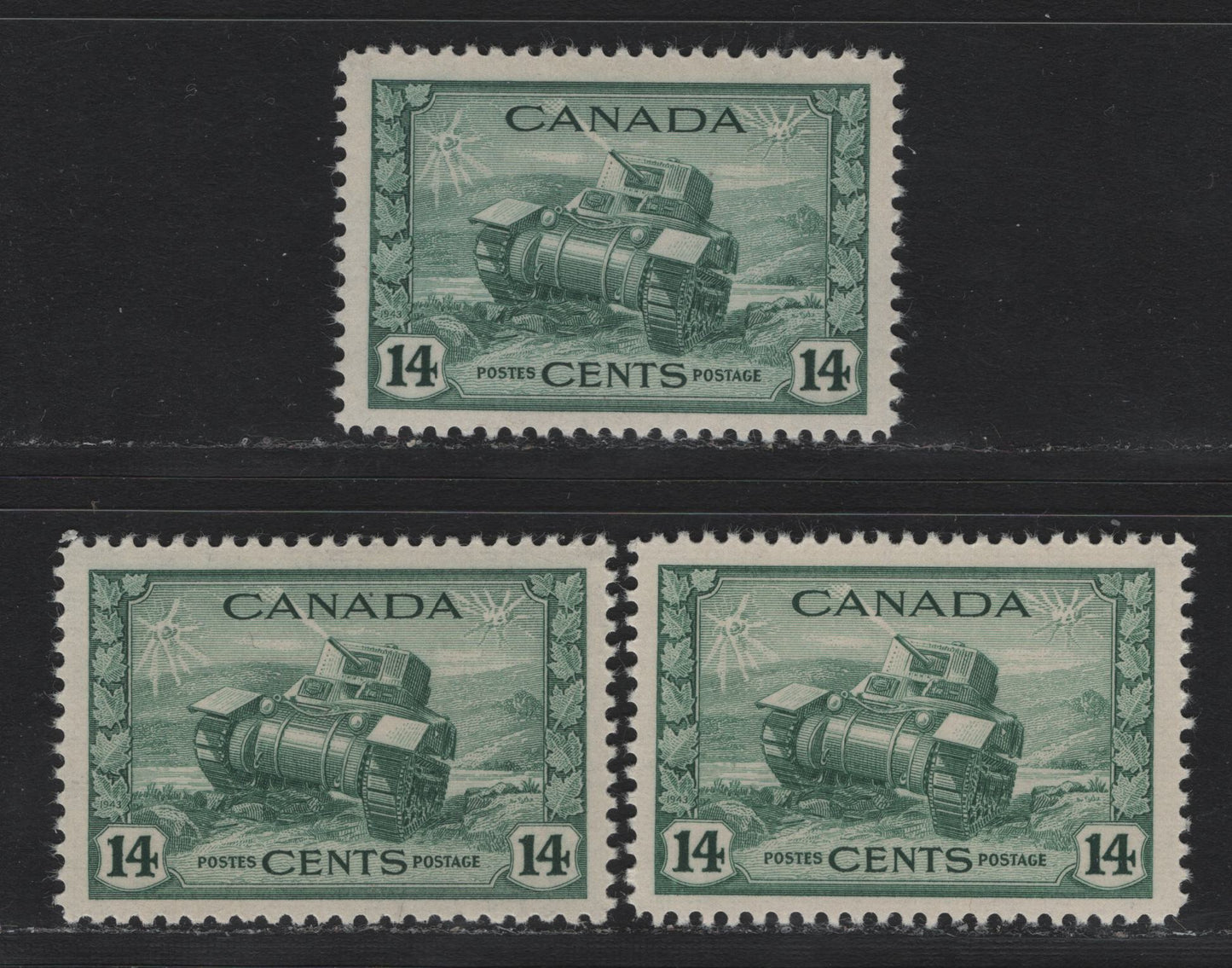 Lot 166 Canada (C) #259 14c Myrtle Green Ram Tank, 1942-1943 KGVI War Issue, 3 VFNH Singles, CBN-ZZZZ & CBN-UUUU Papers, Perfs 11.9x11.85 & 11.95x11.9