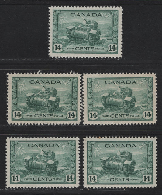 Lot 167 Canada #259 14c Myrtle Green - Dull Bluish Green Ram Tank, 1942-1943 KGVI War Issue, 5 VFOG Singles, CBN-QQQQ & CBN-PPPP Papers, Perfs 12, 11.9x12 & 12x11.9
