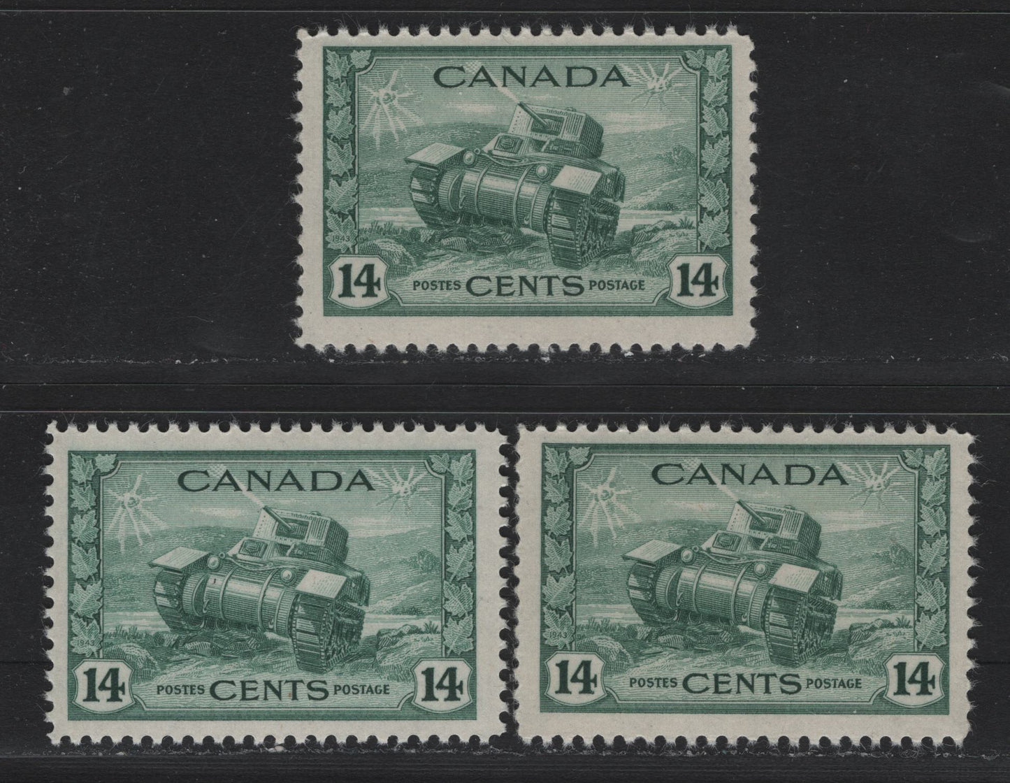 Lot 168 Canada (C) #259 14c Myrtle Green Ram Tank, 1942-1943 KGVI War Issue, 3 FNH Singles, CBN-PPPP Paper, Perfs 11.9, 11.95 & 12