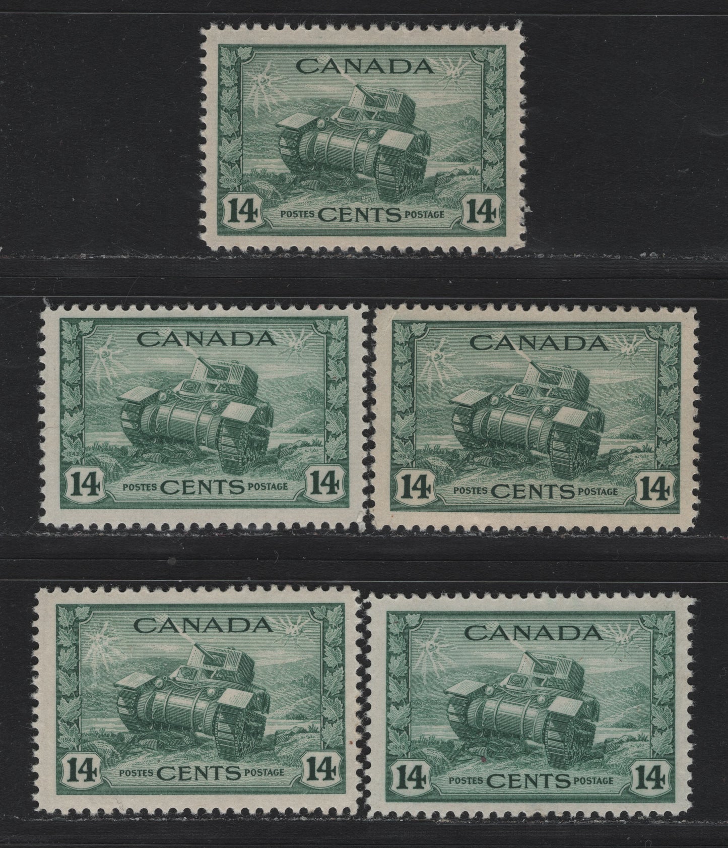 Lot 170 Canada (C) #259 14c Myrtle Green Ram Tank, 1942-1943 KGVI War Issue, 5 FOG Singles, CBN-UUUU, CBN-XXXX, CBN-PPPP, CBN-QQQQ & CBN-SSSS Papers, Perfs 11.95x11.9, 12x11.95 & 12