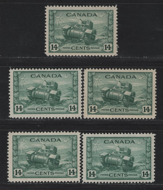 Lot 170 Canada (C) #259 14c Myrtle Green Ram Tank, 1942-1943 KGVI War Issue, 5 FOG Singles, CBN-UUUU, CBN-XXXX, CBN-PPPP, CBN-QQQQ & CBN-SSSS Papers, Perfs 11.95x11.9, 12x11.95 & 12