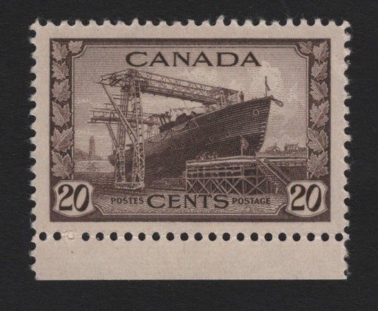 Lot 172 Canada (C) #260 20c Deep Purple Brown Corvette, 1942-1943 KGVI War Issue, A VFNH Single, CBN-MMMM Paper, Perfs 11.9x11.95