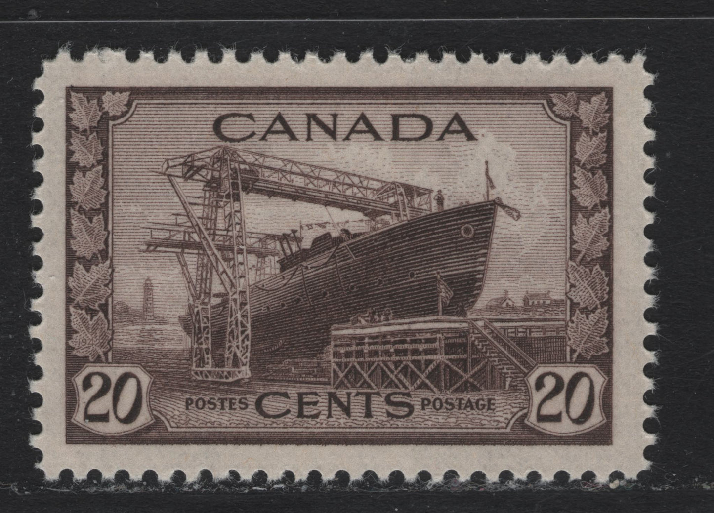 Lot 173 Canada (C) #260 20c Purple Brown Corvette, 1942-1943 KGVI War Issue, A VFNH Single, CBN-TTTT Paper, Perf 11.9