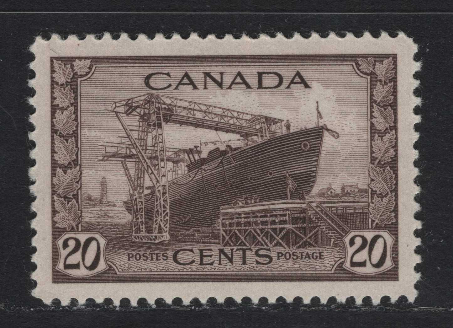 Lot 174 Canada #260 20c Deep Purple Brown Corvette, 1942-1943 KGVI War Issue, A VFNH Single, CBN-VVVV Paper, Perf 12.05x11.95