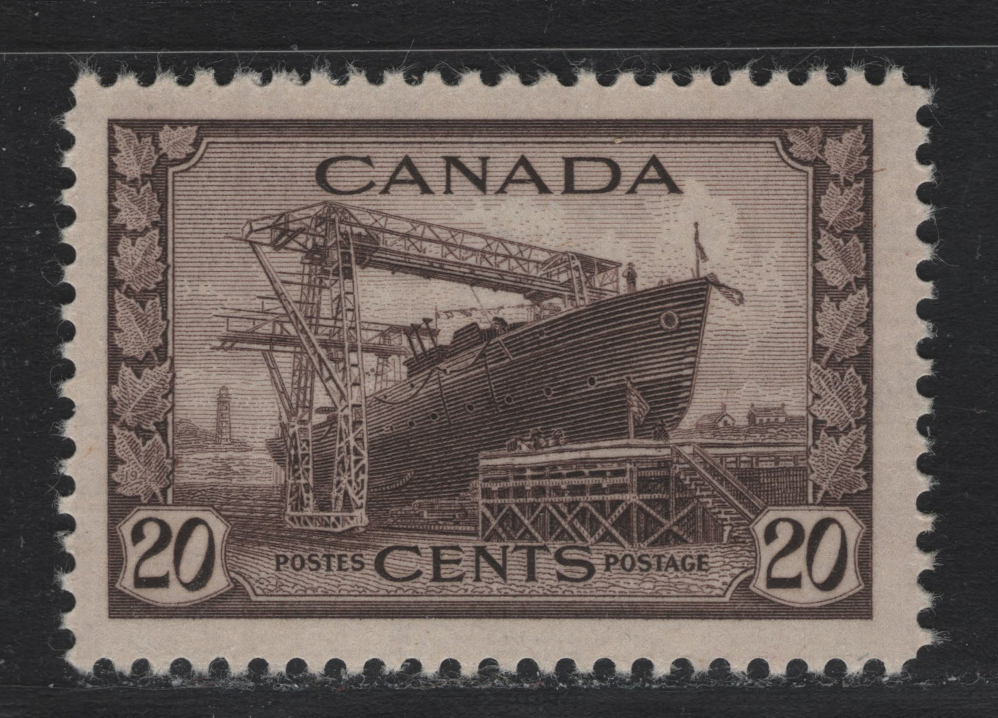 Lot 175 Canada #260 20c Deep Purple Brown Corvette, 1942-1943 KGVI War Issue, A VFNH Single, CBN-AAAA Paper, Perf 12