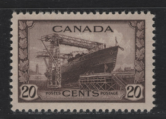 Lot 175 Canada #260 20c Deep Purple Brown Corvette, 1942-1943 KGVI War Issue, A VFNH Single, CBN-AAAA Paper, Perf 12
