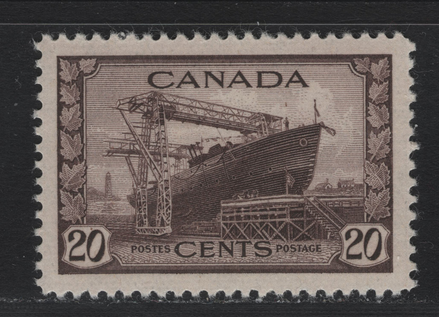 Lot 176 Canada (C) #260 20c Purple Brown Corvette, 1942-1943 KGVI War Issue, A VFNH Single, CBN-AAAAA Paper, Perf 12