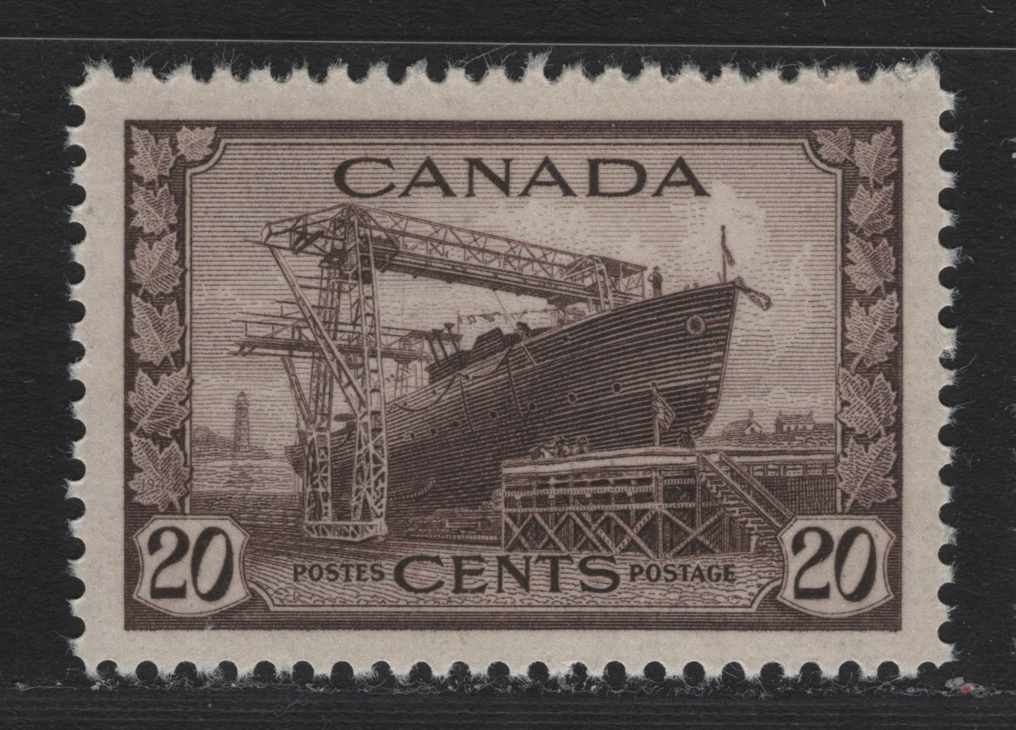 Lot 177 Canada (C) #260 20c Purple Brown Corvette, 1942-1943 KGVI War Issue, A VFNH Single, CBN-AAAAA Paper, Perf 12x11.9