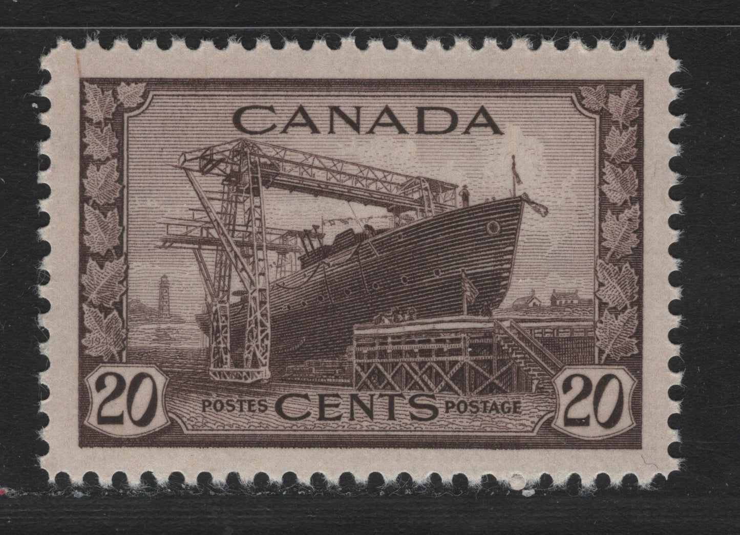 Lot 178 Canada #260 20c Purple Brown Corvette, 1942-1943 KGVI War Issue, A VFNH Single, CBN-AAAAA Paper, Perf 11.9