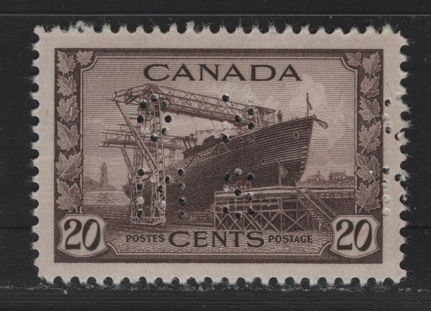 Lot 180 Canada #O9-260 20c Deep Purple Brown Corvette, 1942-1943 KGVI War Issue, A VFOG Single, CBN-AAAAA Paper, Perf 11.95x11.9, 4-Hole OHMS Perfin, Original Die, POS. 1.