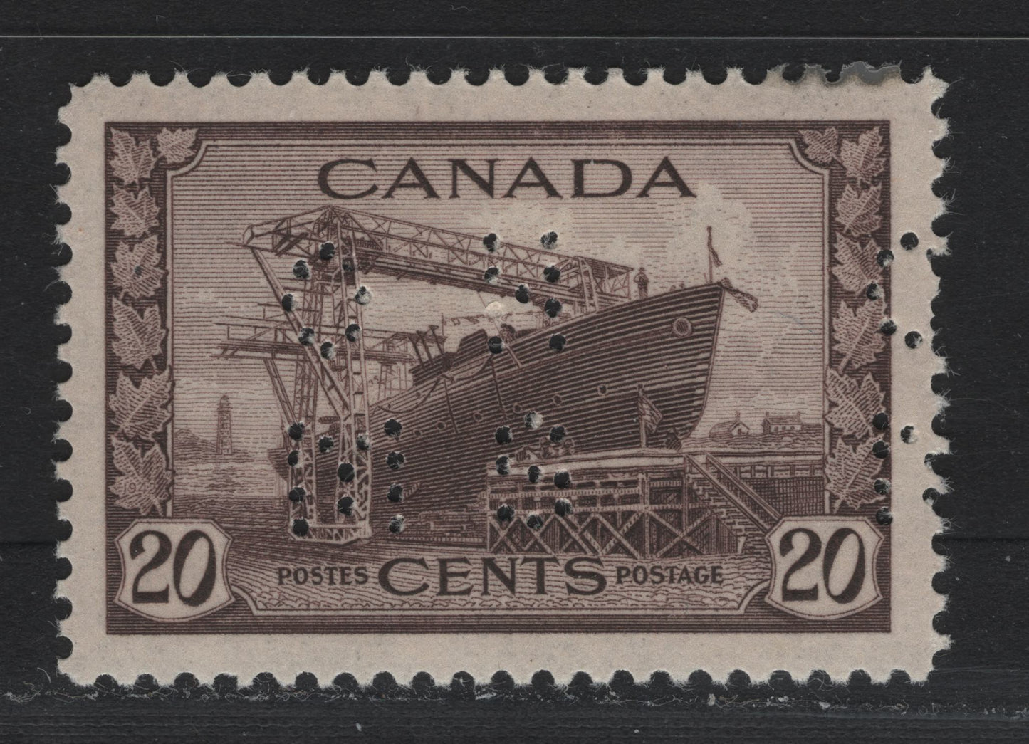 Lot 181 Canada (C) #O10-260 20c Purple Brown Corvette, 1942-1943 KGVI War Issue, A VFOG Single, CBN-BBBBB Paper, Perf 11.9x11.95, 4-Hole OHMS Perfin In The new Revised Die, POS. 1.