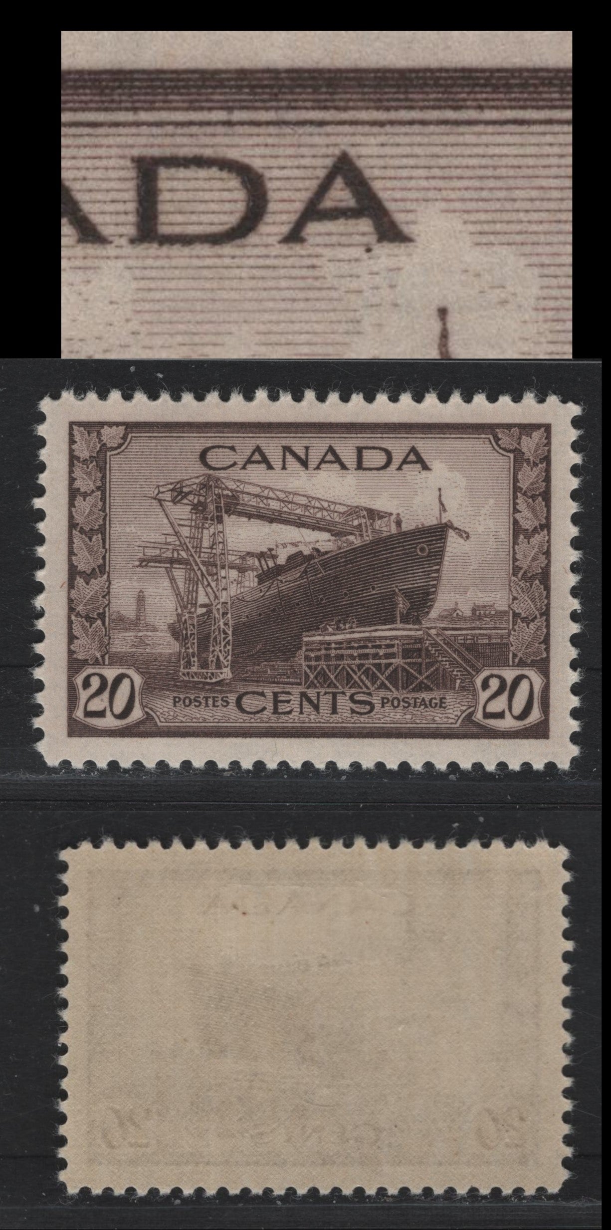 Lot 182 Canada #260var 20c Light Purple Brown Corvette, 1942-1943 KGVI War Issue, A VFOG Single, CBN-AAAAA Paper, Perf 11.9