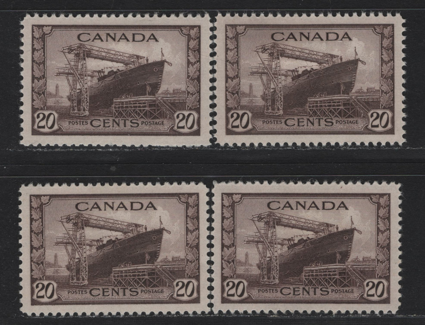 Lot 183 Canada #260 20c Purple Brown Corvette, 1942-1943 KGVI War Issue, 4 VFOG Singles, CBN-AAAAA Paper, Perfs 12x11.9, 12x11.85 & 12 (2 shades)