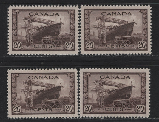 Lot 183 Canada #260 20c Purple Brown Corvette, 1942-1943 KGVI War Issue, 4 VFOG Singles, CBN-AAAAA Paper, Perfs 12x11.9, 12x11.85 & 12 (2 shades)