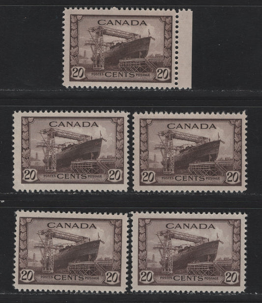 Lot 185 Canada #260 20c Purple Brown Corvette, 1942-1943 KGVI War Issue, 5 FNH Singles, CBN-AAAA, CBN-TTTT & CBN-BBBBB Papers, Perfs 11.9x12, 12x11.9 & 11.9