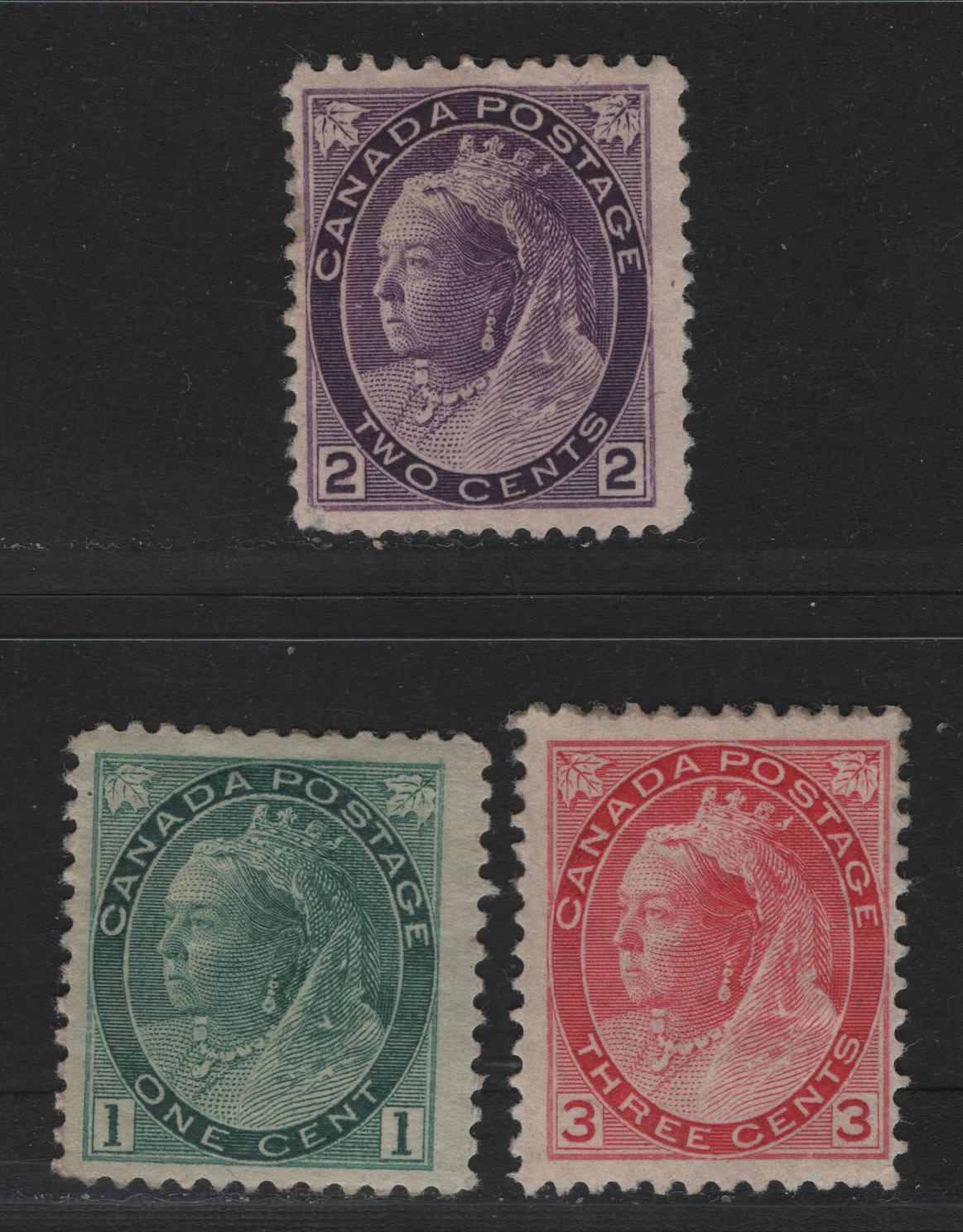 Lot 19 Canada (C) #75ii, 76, 78 1c - 3c Blue Green - Carmine Queen Victoria, 1898-1902 Numeral Issue, 3 VG/FOG Singles, ABN-HH, ABN-A & ABN-B Papers, Perfs 12x11.9 & 12, Different Printing Sizes.