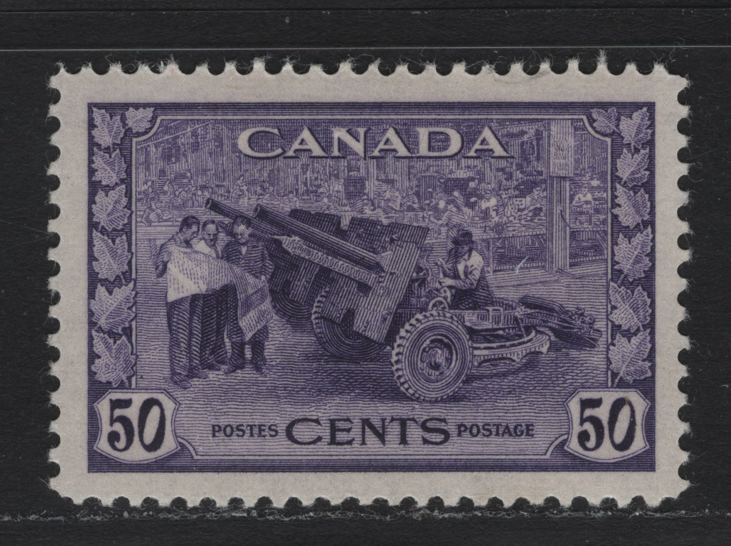 Lot 200 Canada #261 50c Deep Violet Munitions Factory, 1942-1943 KGVI War Issue, A VFOG Single, CBN-TTTT Paper, Perf 11.9