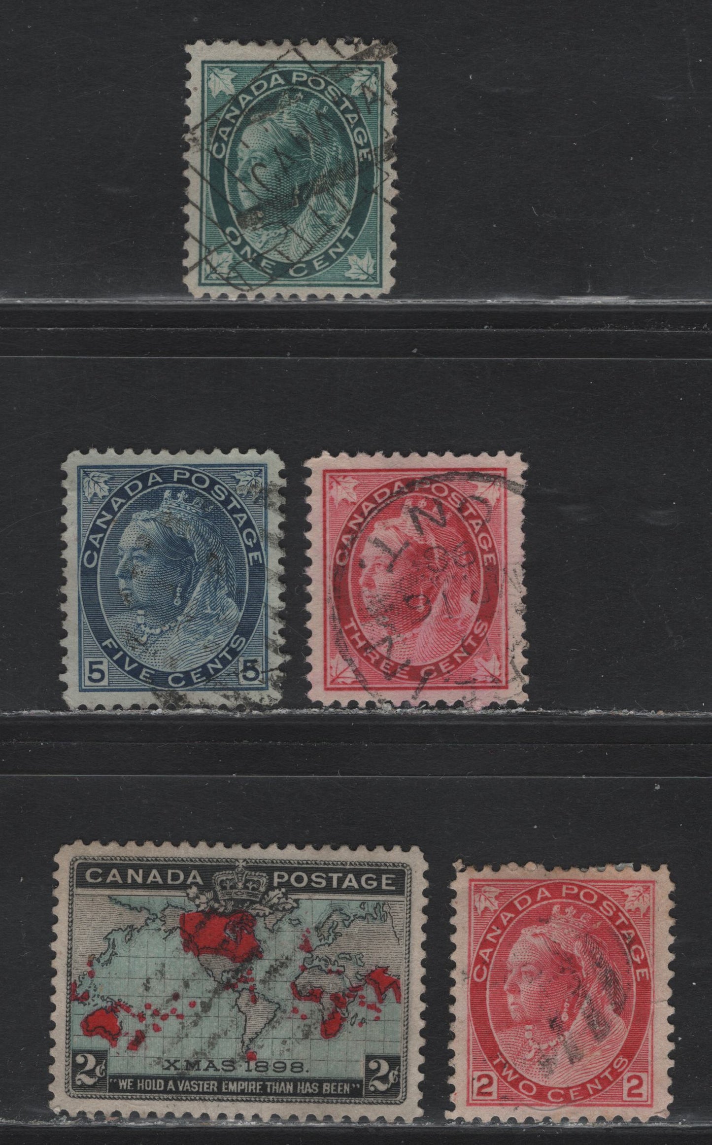 Lot 20 Canada (C) #67, 69, 77a, 79b, 86 1c - 2c Blue Green - Blue, Black & Aniline Red Queen Victoria, 1897-1898 Maple Leaf, Numeral & Imperial Penny Postage Issues, 5 Very Fine Used Singles, Unchecked As To Paper Type & Perf