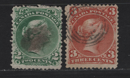 Lot 2 Canada (C) #24i, 25 2c - 3c Emerald Green - Deep Indian Red Queen Victoria, 1868-1876 Large Queen Issue, 2 Fine Used Singles, FO-Z (Duckworth 9b) & FO-O Papers, Perfs 12 & 11.9x12, 2c Has Position Dot At LL.
