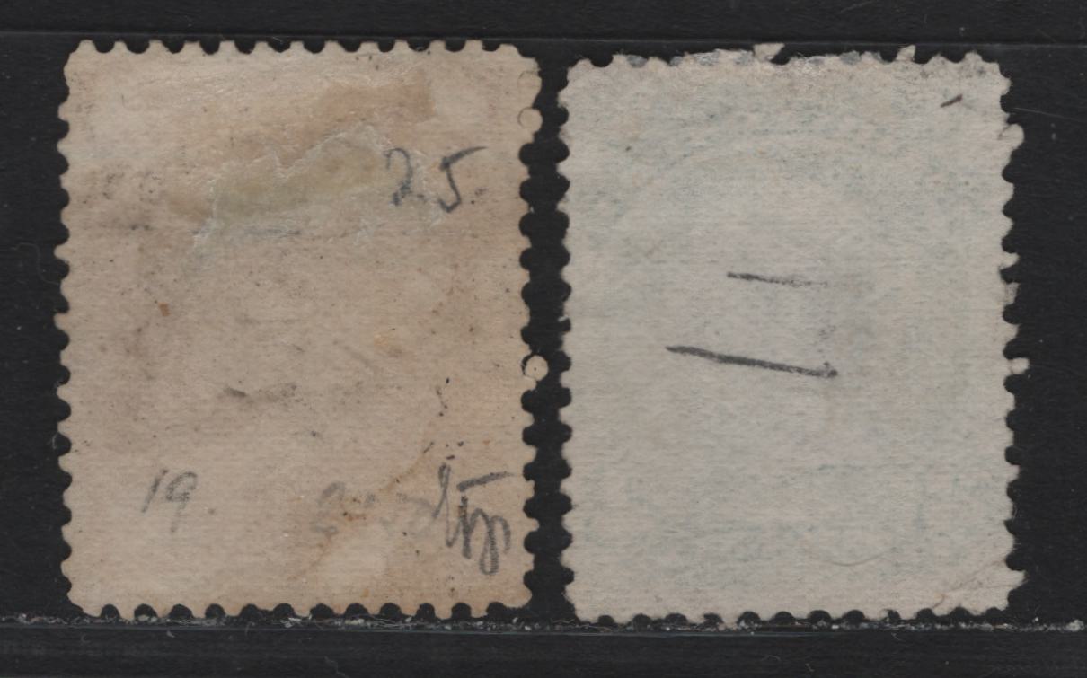 Lot 2 Canada (C) #24i, 25 2c - 3c Emerald Green - Deep Indian Red Queen Victoria, 1868-1876 Large Queen Issue, 2 Fine Used Singles, FO-Z (Duckworth 9b) & FO-O Papers, Perfs 12 & 11.9x12, 2c Has Position Dot At LL.