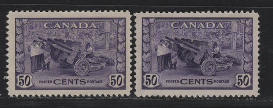 Lot 202 Canada #261 50c Dull Grayish Violet Munitions Factory, 1942-1943 KGVI War Issue, 2 FOG Singles, CBN-ZZZZ & CBN-EEEEE Papers, Perfs 11.95x11.85 & 11.95, Both With Small Hinge Thins But Very Unusual Shades.