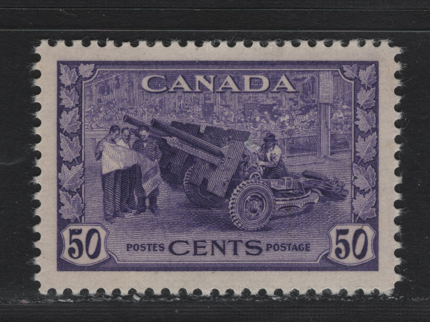 Lot 203 Canada (C) #261 50c Bluish Violet Munitions Factory, 1942-1943 KGVI War Issue, A VFNH Single, CBN-AAAAA Paper, Perf 11.9