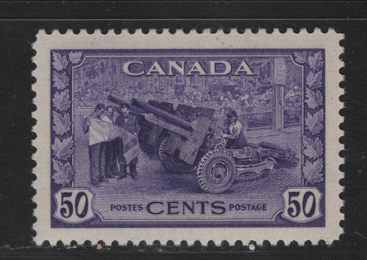 Lot 204 Canada (C) #261 50c Bluish Violet Munitions Factory, 1942-1943 KGVI War Issue, A VFJOG Single, CBN-AAAAA Paper, Perf 12x11.9