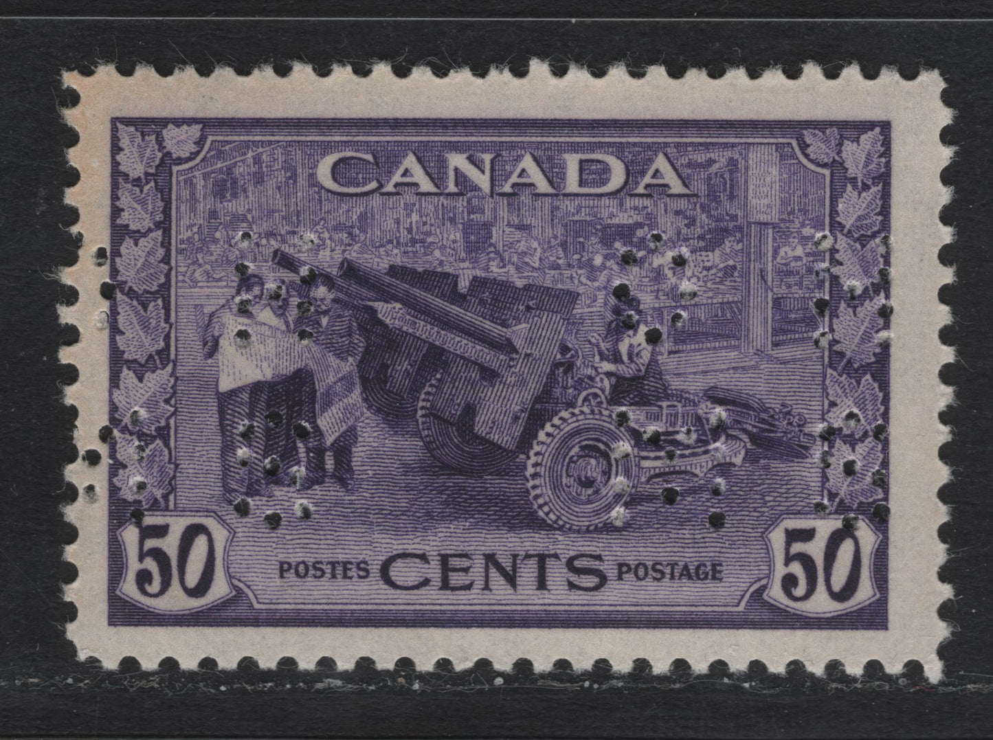 Lot 207 Canada (C) #O9-261 50c Violet Munitions Factory, 1942-1943 KGVI War Issue, A FOG Single, CBN-UUUU Paper, Perf 12x11.9, 4-Hole OHMS Perfin, Original Die From POS. 1.