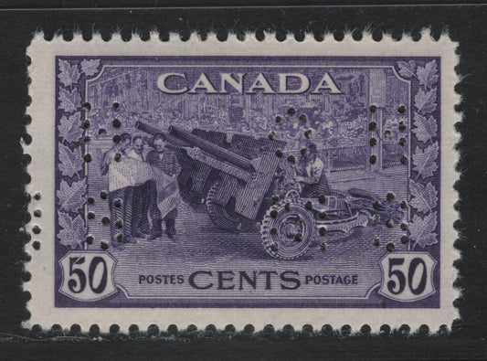 Lot 208 Canada (C) #O10-261 50c Violet Munitions Factory, 1942-1943 KGVI War Issue, A FOG Single, CBN-UUUU Paper, Perf 12x11.9, 4-Hole OHMS Perfin, Revised Die From POS. 1.