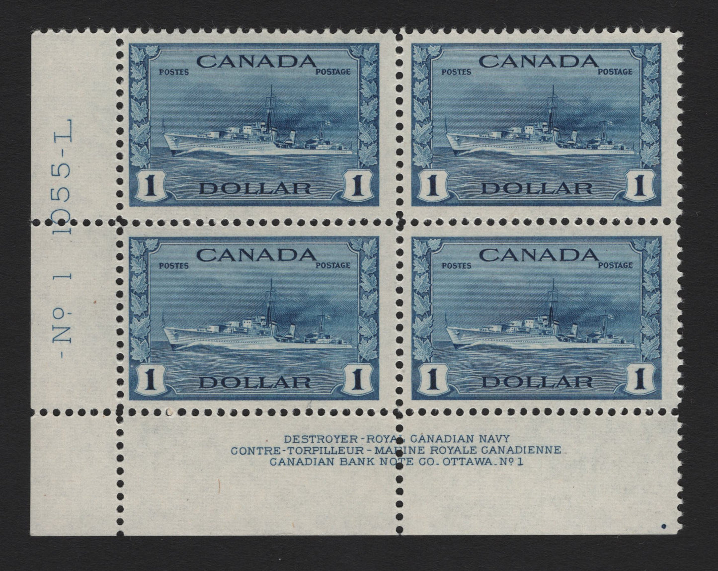 Lot 209 Canada (C) #262 $1 Deep Blue Tribal Class Destroyer, 1942-1943 KGVI War Issue, A FNH LL Plate 1 Block Of 4, CBN-FFFFF Paper, Perf 11.95x11.9