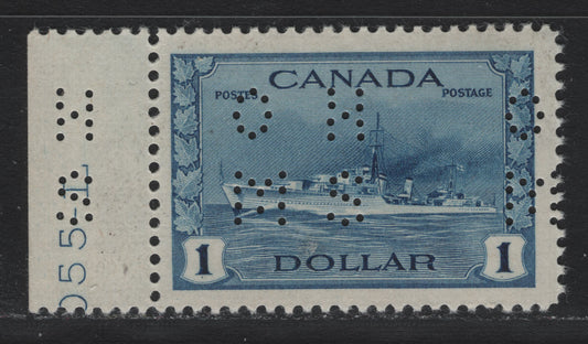 Lot 210 Canada (C) #O9-262 $1 Deep Blue Tribal Class Destroyer, 1942-1943 KGVI War Issue, A VFOG Single, CBN-DDDDD Paper, Perf 11.95x11.85, 4-Hole OHMS Perfin, Original Die From POS. 1.