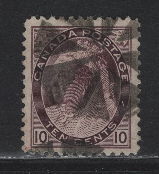 Lot 21 Canada (C) #83i 10c Deep Brown Violet Queen Victoria, 1898-1902 Numeral Issue, A Fine Used Single, ABN-A Paper, Perf 11.9, Light Diagona Bend That Is Not A Full Crease, Only Visible From Back, Fancy Cork Cancel.