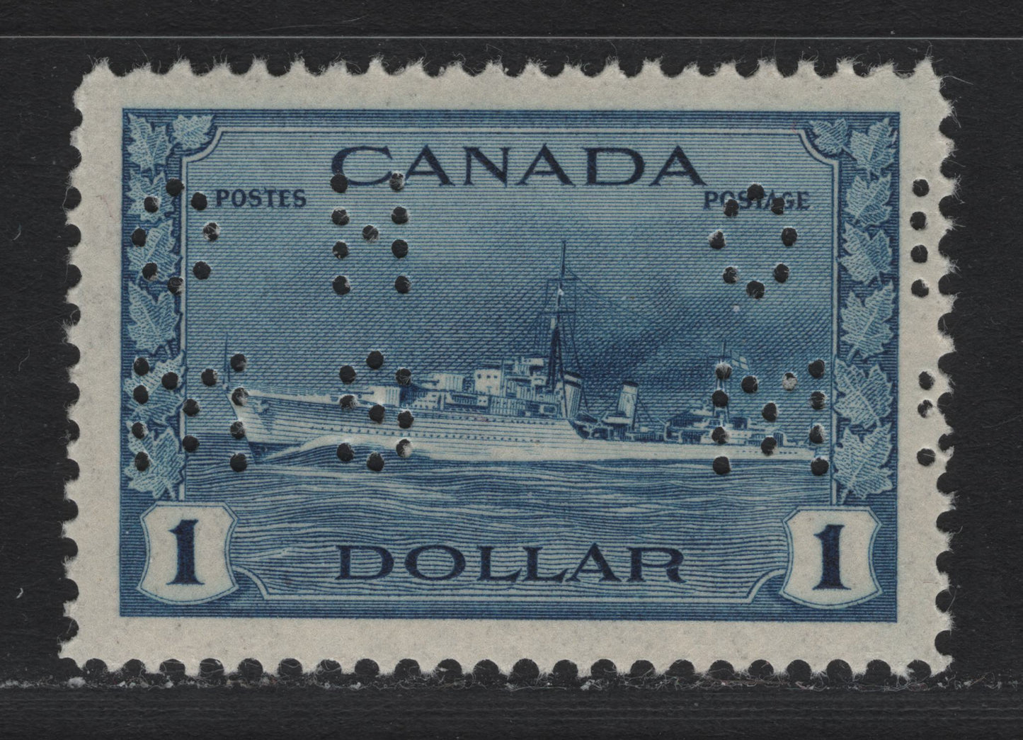Lot 211 Canada (C) #O9-262 $1 Deep Bright Blue Tribal Class Destroyer, 1942-1943 KGVI War Issue, A VFOG Single, CBN-DDDDD Paper, Perf 11.95x11.85, 4-Hole OHMS Perfin, Revised Die From POS. 1.