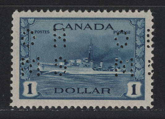 Lot 211 Canada (C) #O9-262 $1 Deep Bright Blue Tribal Class Destroyer, 1942-1943 KGVI War Issue, A VFOG Single, CBN-DDDDD Paper, Perf 11.95x11.85, 4-Hole OHMS Perfin, Revised Die From POS. 1.