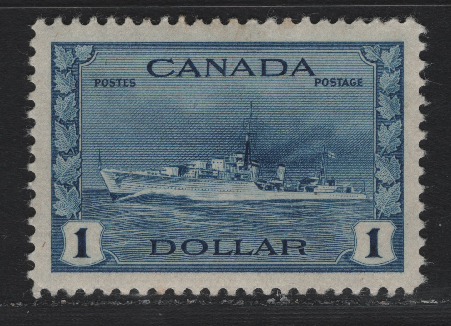 Lot 229 Canada #262 $1 Deep Blue Tribal Class Destroyer, 1942-1943 KGVI War Issue, A VFOG Single, CBN-CCCCC Paper, Perf 11.95x11.9