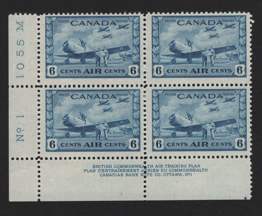 Lot 231 Canada (C) #C7 6c Light Blue Air Training Plan, 1942-1943 Airmail War Issue, A FNH LL Plate 1 Block Of 4, CBN-GGGGG Paper, Perf 12