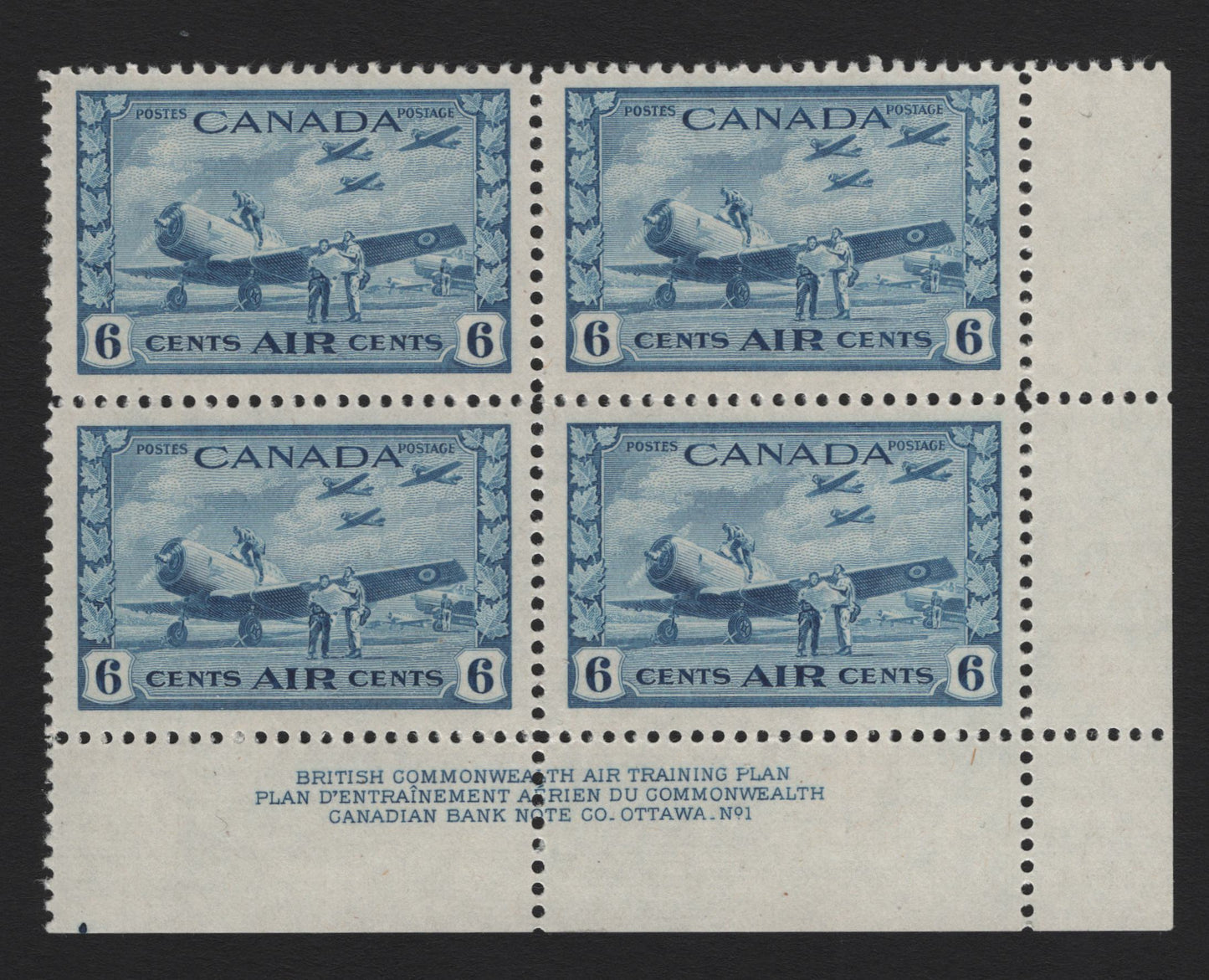 Lot 232 Canada (C) #C7 6c Light Blue Air Training Plan, 1942-1943 Airmail War Issue, A VFNH LR Plate 1 Block Of 4, CBN-BBBBB Paper, Perf 12x11.85, Showing Plate Dot In Selvedge At Lower Left.