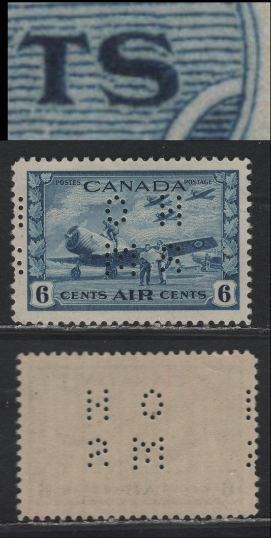 Lot 235 Canada (C) #O9-C7var 6c Prussian Blue Air Training Plan, 1942-1943 Airmail War Issue, A FNH Single, CBN-GGGGG Paper, Perf 11.9x12, 4-Hole OHMS Perfin, Original Die POS. 1, Showing Missing Bottom Pin On 'S'.
