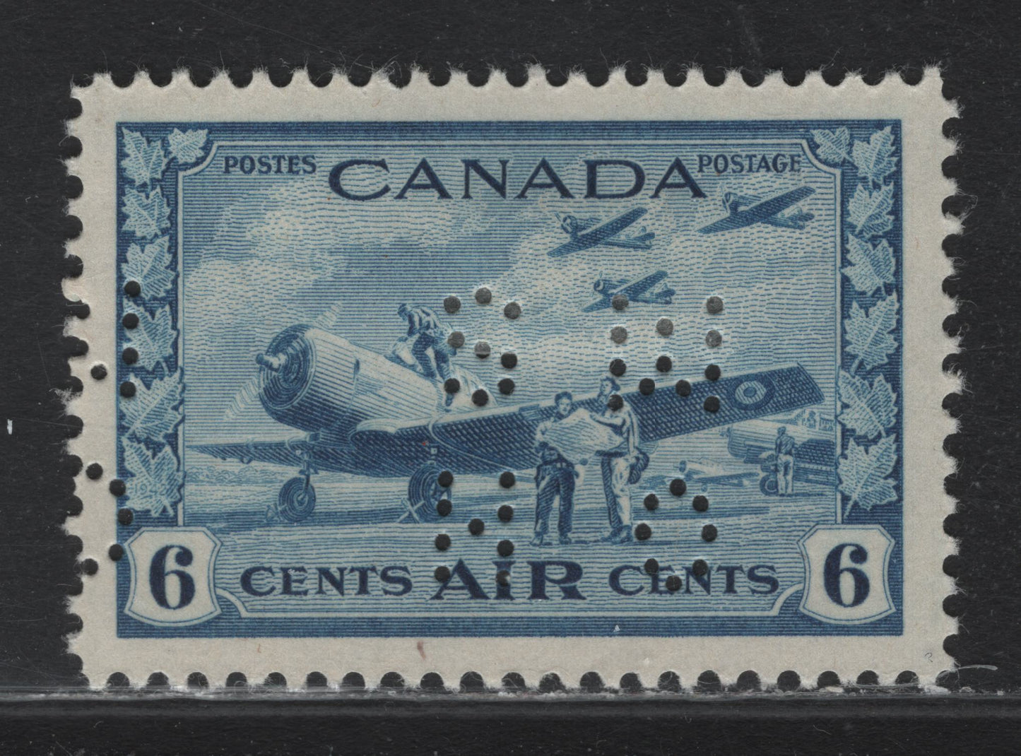 Lot 237 Canada #O9-C7 6c Light Blue Air Training Plan, 1942-1943 Airmail War Issue, A VFOG Single, CBN-GGGGG Paper, Perf 11.95x11.85, 4-Hole OHMS Perfin, Original Die POS. 3 (Inverted).
