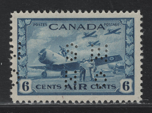 Lot 237 Canada #O9-C7 6c Light Blue Air Training Plan, 1942-1943 Airmail War Issue, A VFOG Single, CBN-GGGGG Paper, Perf 11.95x11.85, 4-Hole OHMS Perfin, Original Die POS. 3 (Inverted).