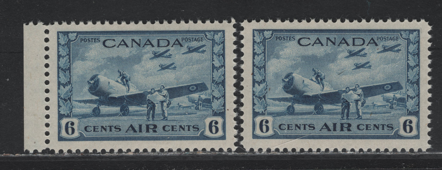 Lot 242 Canada #C7 6c Deep Blue Air Training Plan, 1942-1943 Airmail War Issue, 2 VFNH Singles, CBN-DDDD Paper, Perfs 11.85x11.95 & 11.9x12