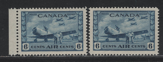Lot 242 Canada #C7 6c Deep Blue Air Training Plan, 1942-1943 Airmail War Issue, 2 VFNH Singles, CBN-DDDD Paper, Perfs 11.85x11.95 & 11.9x12