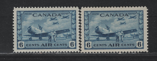 Lot 243 Canada #C7 6c Dull Blue - Prussian Blue Air Training Plan, 1942-1943 Airmail War Issue, 2 VFNH Singles, CBN-BBBBB & CBN-TTTT Papers, Perfs 12x11.85 & 12