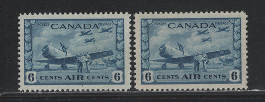 Lot 244 Canada #C7 6c Dull Blue Air Training Plan, 1942-1943 Airmail War Issue, 2 VFNH Singles, CBN-CCC Paper, Perfs 11.95x12 & 12x11.9