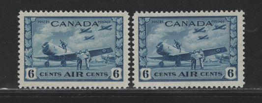 Lot 245 Canada #C7 6c Bright Blue Air Training Plan, 1942-1943 Airmail War Issue, 2 VFNH Singles, CBN-BBBBB Paper, Perfs 11.9x12 & 11.95x11.9